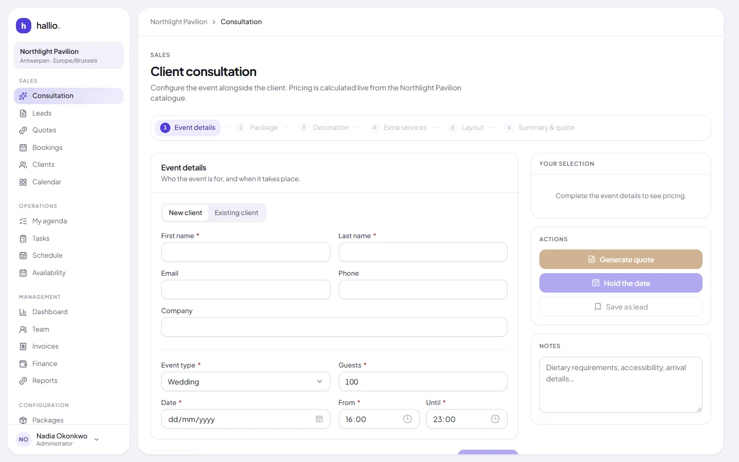 The six-step consultation wizard, with the client's event details on the left and a live pricing panel on the right.
