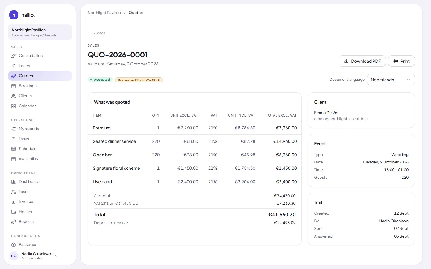 An accepted quote, pricing each package and service on its own line with VAT, a total and the deposit needed to reserve the date.